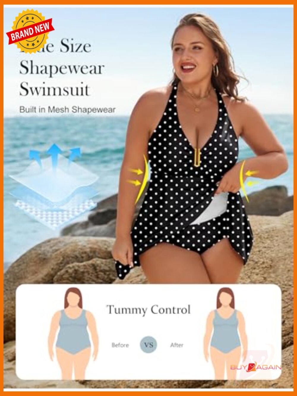 Women's One Piece Swimsuit Tummy Control Slimming Swim Dress Full Coverage View 3